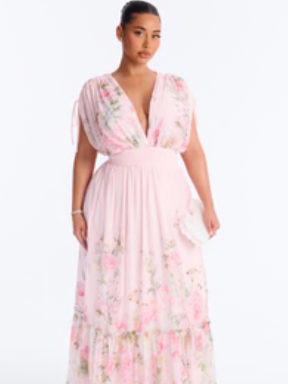Fashion Nova Pink Floral Chiffon Maxi Dress for Girls with Green Accents
